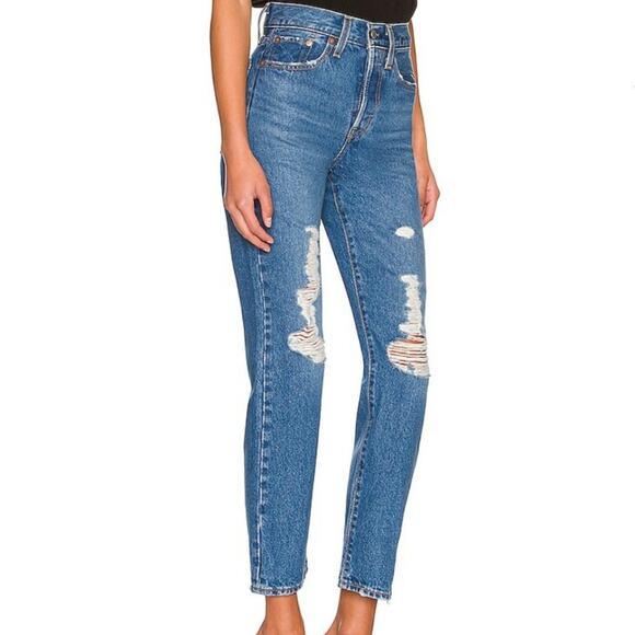 Levi's Wedgie Straight Leg Distressed High Rise Jeans Oxnard Drive Dark Blue 31 - Picture 3 of 13